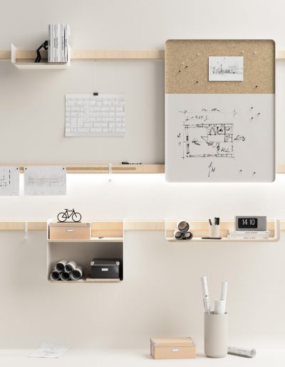 Variand Komposition für das Arbeitszimmer mit Pinnboard und Leistenbeleuchtung